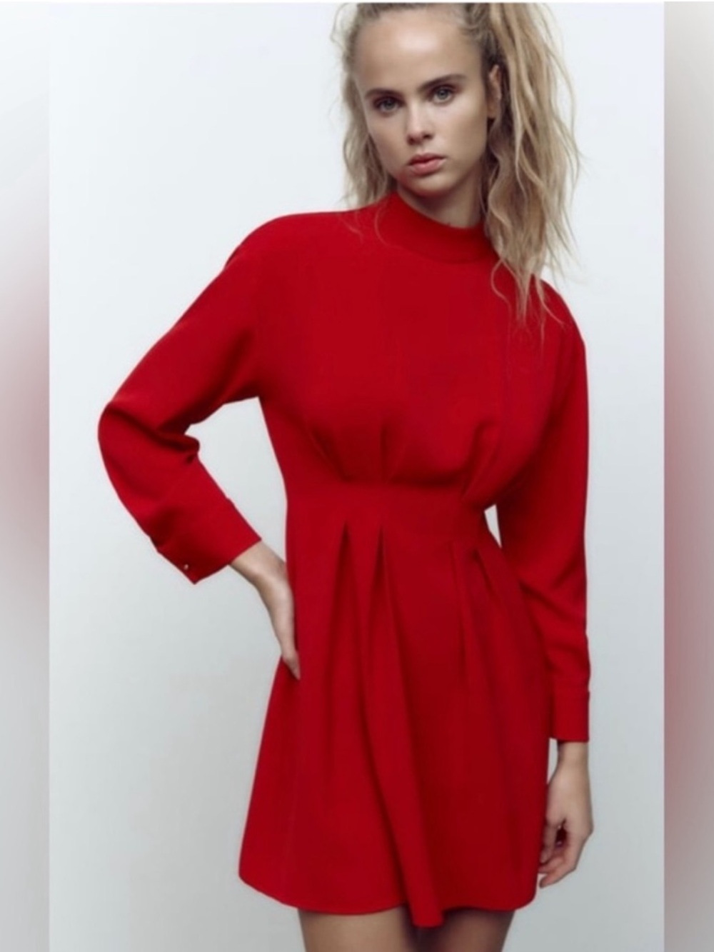 Zara Red High-Neck Long-Sleeve Mini Dress